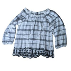 Chaps Womens White Plaid Balloon Sleeve Crochet Lace Hem Blouse Top Size XL